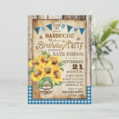 Rustikale Sonnenblumen Wood Gingham Karo Birthday Einladung (Stehend Vorderseite)