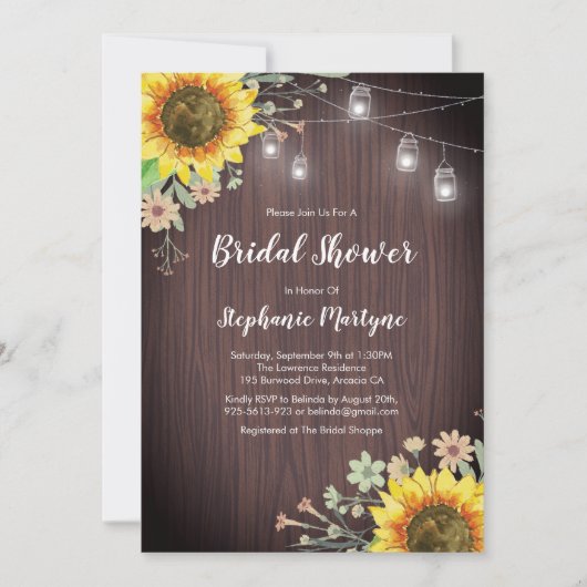 Rustikale Sonnenblumen Wood Mason Jar Brautparty Einladung (Vorderseite)