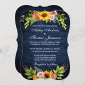 Rustikale Sonnenblumenblume Blauer Hochzeitstag Einladung (Vorne/Hinten)