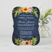 Rustikale Sonnenblumenblume Blauer Hochzeitstag Einladung (Stehend Vorderseite)