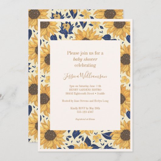 Rustikale Sonnenblumenblume Gelb Blauer Babydusche Einladung (Vorne/Hinten)