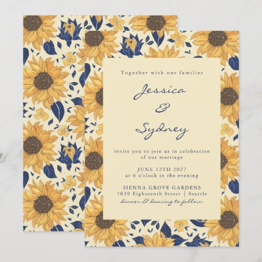 Rustikale Sonnenblumenblume Gelbe blaue Script Hoc Einladung (Vorne/Hinten)
