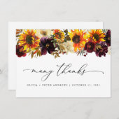 Rustikale Sonnenblumenblume Herbst Burgund Hochzei Dankeskarte (Vorne/Hinten)