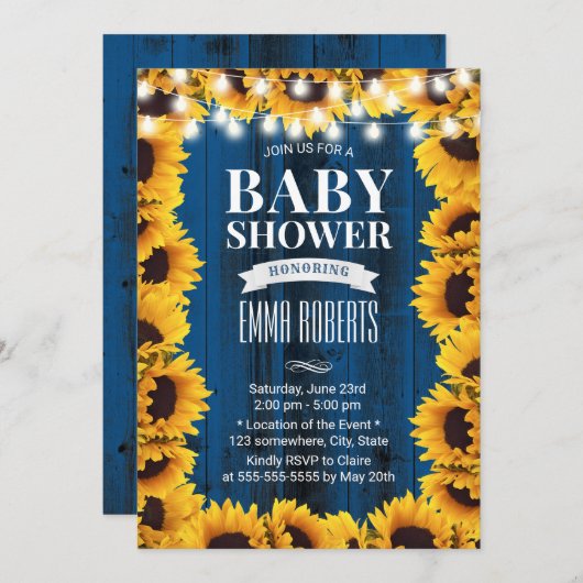 Rustikale Sonnenblumenblume Navy Blauer Barn Babyd Einladung (Vorne/Hinten)