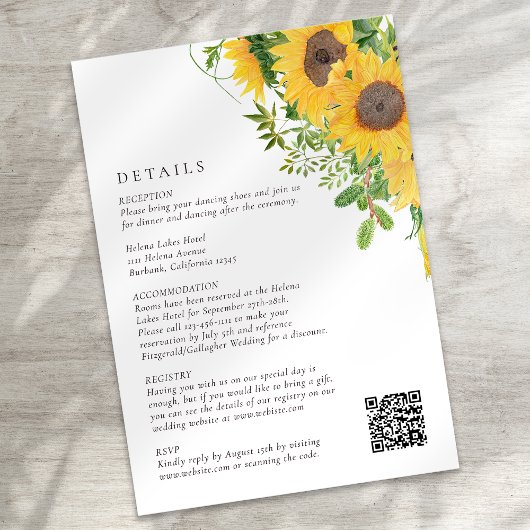 Rustikale Sonnenblumenblume QR Code Hochzeit Begleitkarte