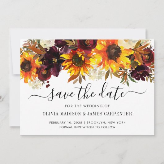 Rustikale Sonnenblumenblume Rose Burgund Hochzeit  Save The Date (Vorderseite)