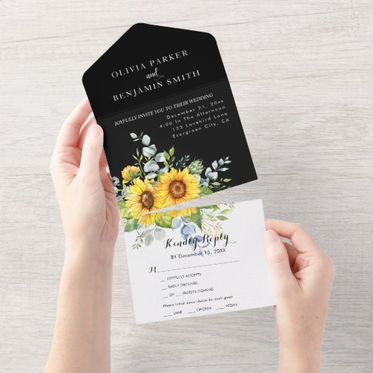 Rustikale Sonnenblumenblütenhochzeit All In One Einladung (Abreißen)