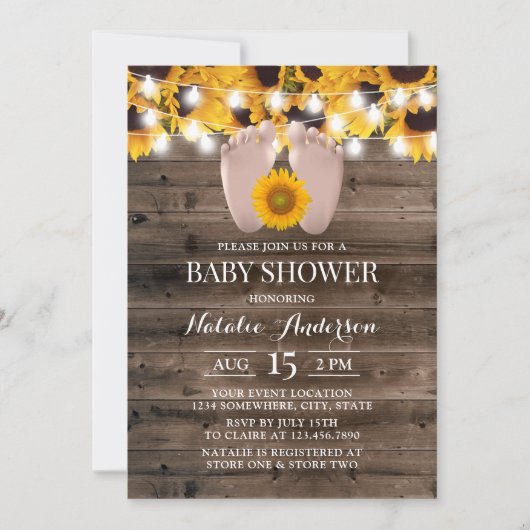 Rustikale Sonnenblumendusche aus Holz Babyfütterun Einladung (Vorderseite)