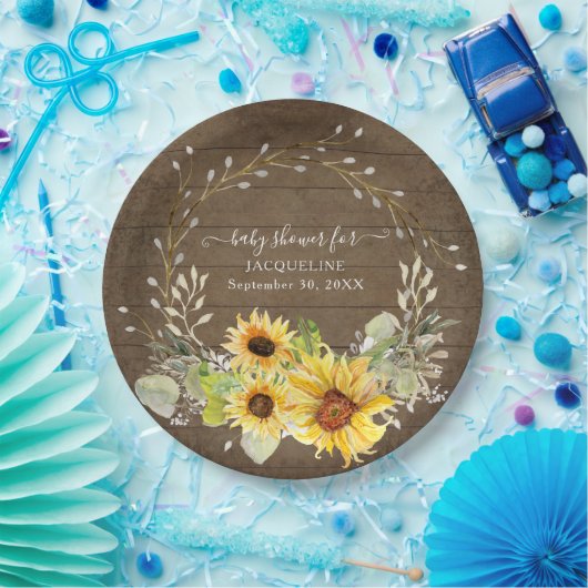 Rustikale Sonnenblumendusche Wasserfarben Babydusc Pappteller (Party)