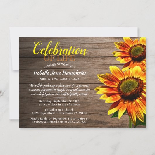 Rustikale Sonnenblumenfeier | Beerdigung Einladung (Vorderseite)