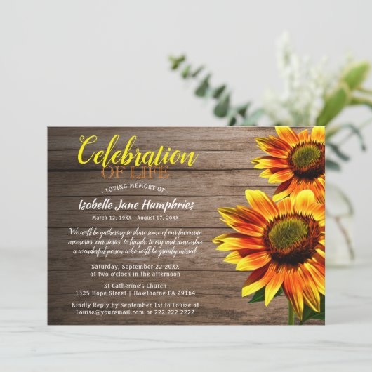 Rustikale Sonnenblumenfeier | Beerdigung Einladung (Stehend Vorderseite)