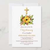 Rustikale Sonnenblumengrün Gold Cross Taufe Einladung (Vorderseite)