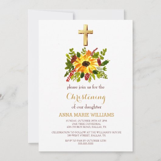 Rustikale Sonnenblumengrün Gold Cross Taufe Einladung (Vorderseite)