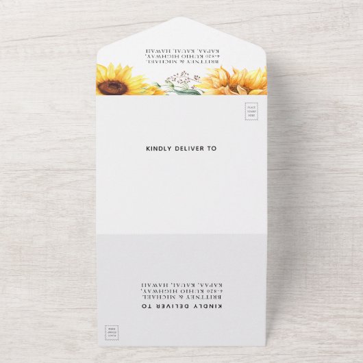 Rustikale Sonnenblumenhochzeit All In One Einladung (Außenbereich)