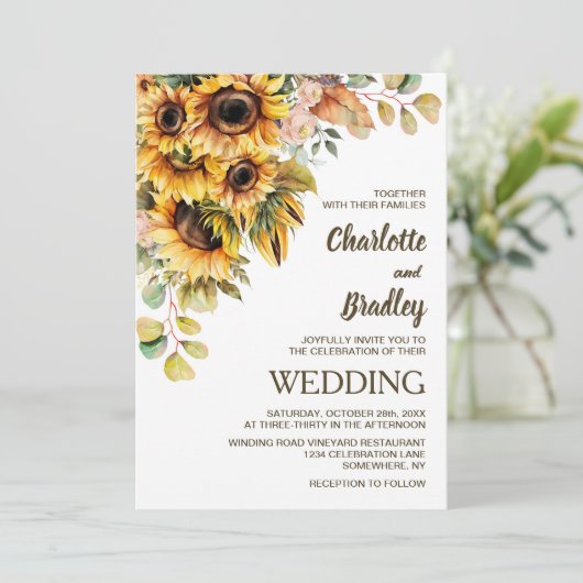 Rustikale Sonnenblumenhochzeit Einladung (Stehend Vorderseite)