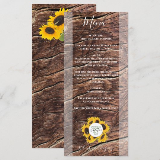 Rustikale Sonnenblumenhochzeit Menükarte (Vorne/Hinten)