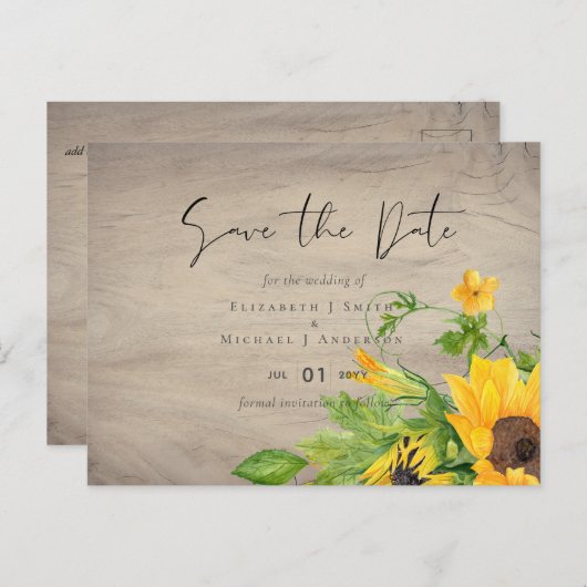 Rustikale Sonnenblumenhochzeit rettet das Datum Postkarte (Vorne/Hinten)