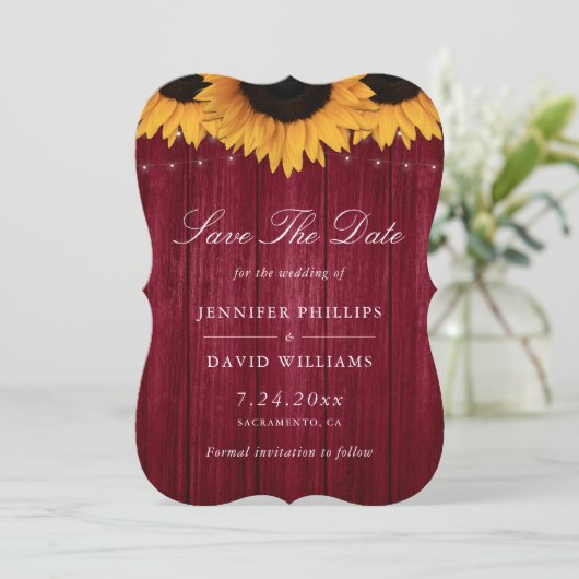 Rustikale Sonnenblumenhochzeit Save The Date (Stehend Vorderseite)