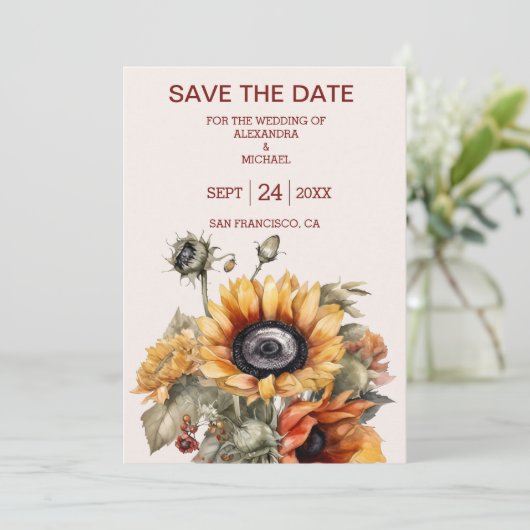 Rustikale Sonnenblumenhochzeit Save The Date (Stehend Vorderseite)