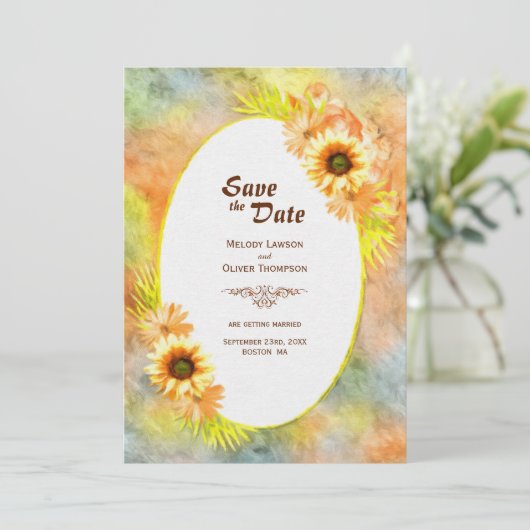 Rustikale Sonnenblumenhochzeit Save The Date (Stehend Vorderseite)