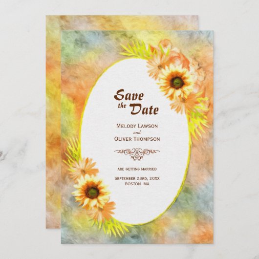 Rustikale Sonnenblumenhochzeit Save The Date (Vorne/Hinten)