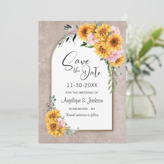 Rustikale Sonnenblumenhochzeit Save The Date (Stehend Vorderseite)