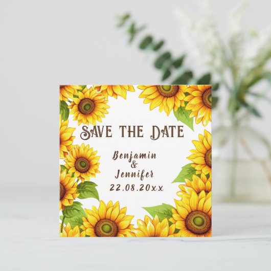 Rustikale Sonnenblumenhochzeit Save The Date (Stehend Vorderseite)