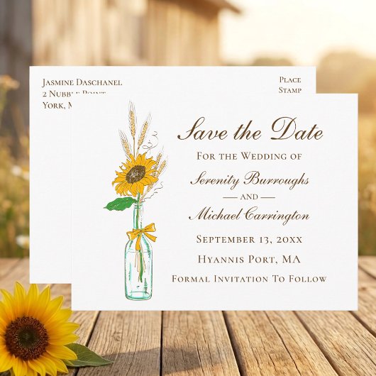 Rustikale Sonnenblumenhochzeit Save the Date Postkarte