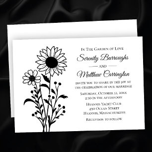 Rustikale Sonnenblumenhochzeit Schwarz-weiß Einladung