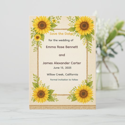 Rustikale Sonnenblumenkarte Save the Date (Stehend Vorderseite)