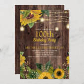 Rustikale Sonnenblumenleuchten 100. Geburtstag Einladung (Vorne/Hinten)