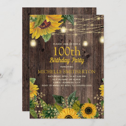 Rustikale Sonnenblumenleuchten 100. Geburtstag Einladung (Vorne/Hinten)