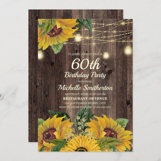 Rustikale Sonnenblumenleuchten 60. Geburtstag Einladung (Vorne/Hinten)