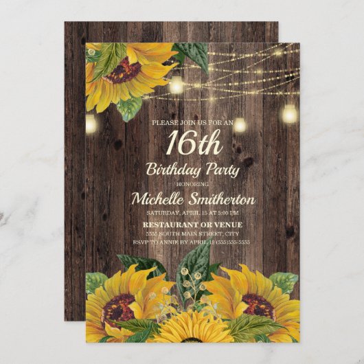 Rustikale Sonnenblumenleuchten am 16. Geburtstag Einladung (Vorne/Hinten)