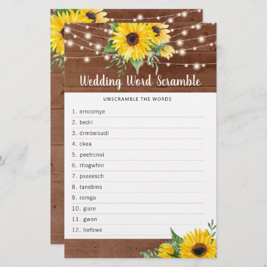 Rustikale Sonnenblumenleuchten Brautparty Word Gam (Vorne/Hinten)