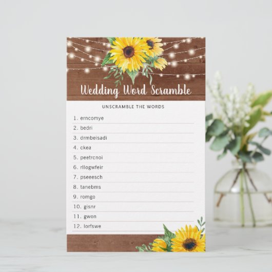 Rustikale Sonnenblumenleuchten Brautparty Word Gam (Stehend Vorderseite)