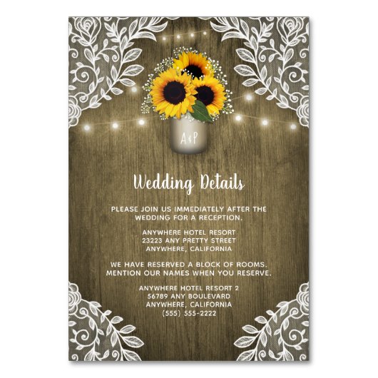 Rustikale Sonnenblumenmason Jar Hochzeitkarten Tischnummer (Vorderseite)