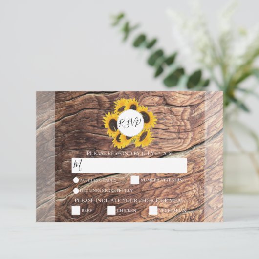 Rustikale Sonnenblumenmehloptionen Hochzeiten von RSVP Karte (Stehend Vorderseite)