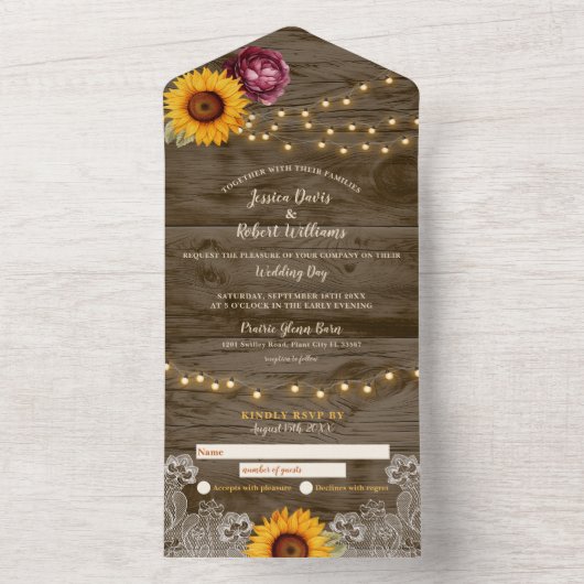 Rustikale Sonnenblumenpeony All-in-One-Hochzeitsve All In One Einladung (Innen Boden)
