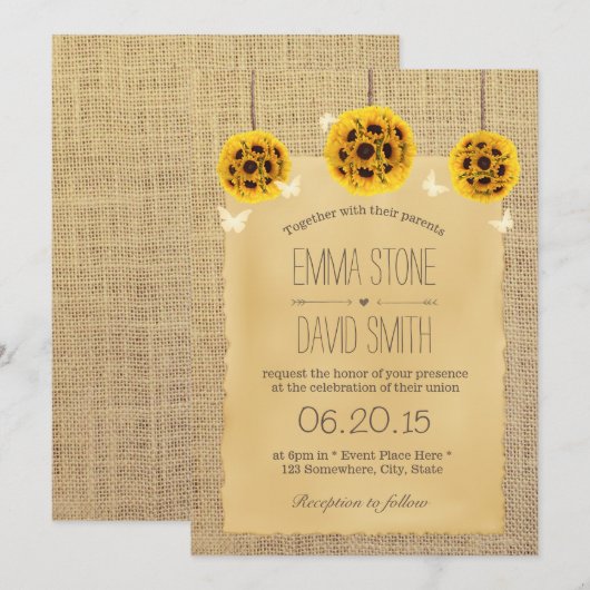 Rustikale Sonnenblumenpomanders & Butterfly-Hochze Einladung (Vorne/Hinten)