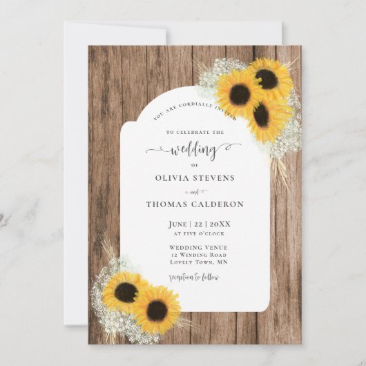 Rustikale Sonnenblumenrahmen Holz Elegante Hochzei Einladung (Vorderseite)