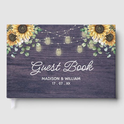 Rustikale Sonnenblumensaite hell Holz Gästebuch (Vorderseite)