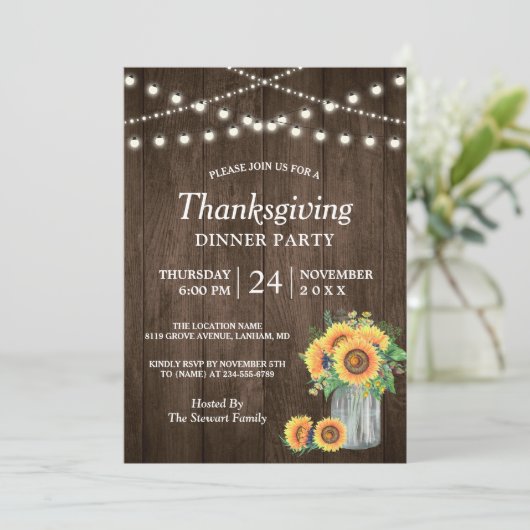 Rustikale Sonnenblumensaite Lights Erntedank Abend Einladung (Stehend Vorderseite)