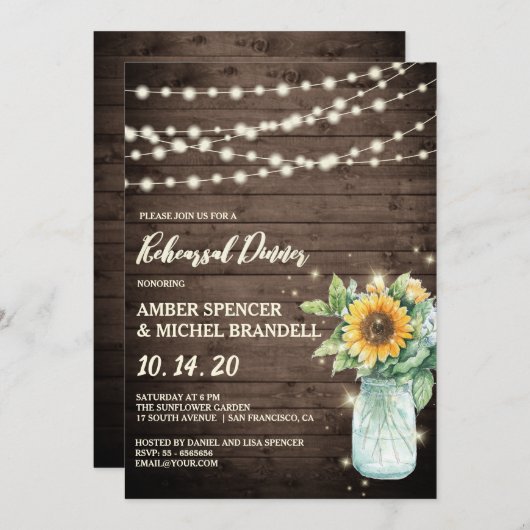 Rustikale Sonnenblumensaite Lights Probe Abendesse Einladung (Vorne/Hinten)