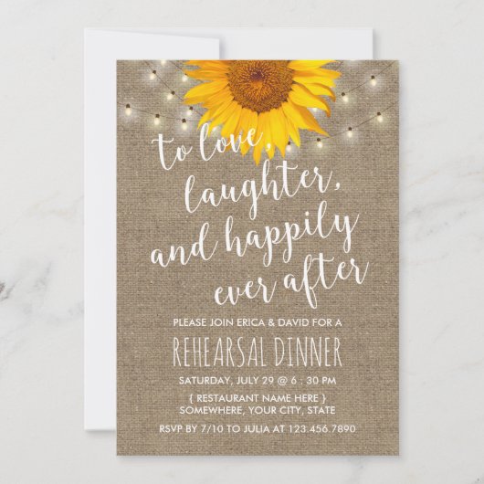 Rustikale Sonnenblumensaite Lights Probe Abendesse Einladung (Vorderseite)