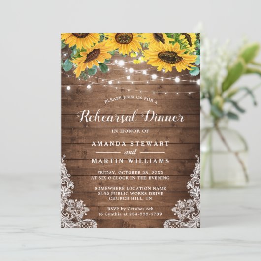 Rustikale Sonnenblumensaite Lights Probe Abendesse Einladung (Stehend Vorderseite)