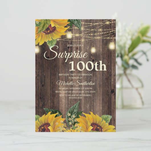 Rustikale Sonnenblumensaite Überraschung 100. Einladung (Stehend Vorderseite)