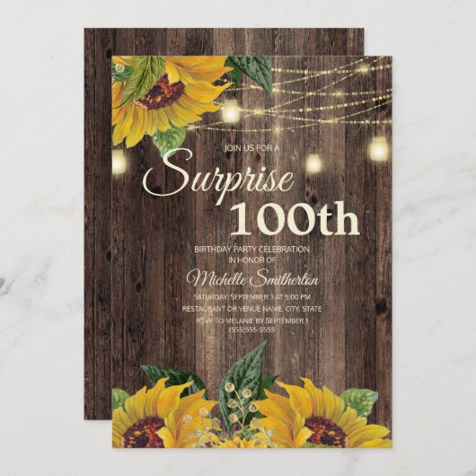 Rustikale Sonnenblumensaite Überraschung 100. Einladung (Vorne/Hinten)