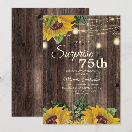 Rustikale Sonnenblumensaite Überraschung 75. Einladung (Vorne/Hinten)