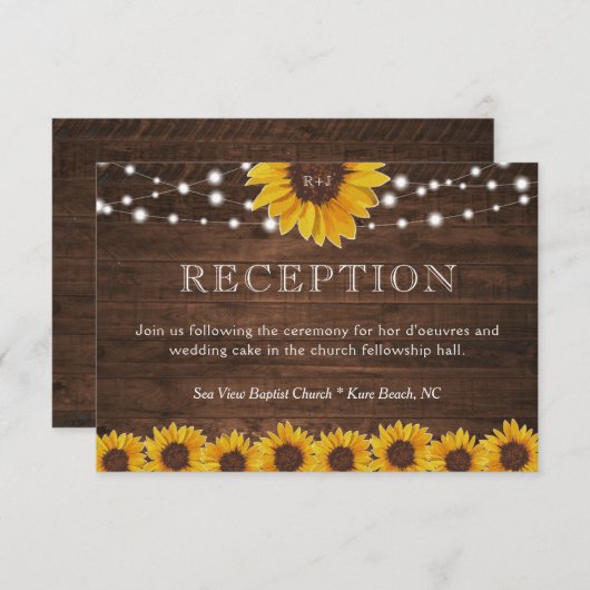 Rustikale Sonnenblumensaitenleuchten Hochzeitsempf Begleitkarte (Vorne/Hinten)